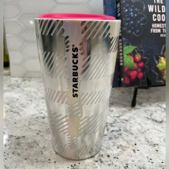 Starbucks 2024 Iridescent Luster Silver Pink Checkered Ceramic Mug Tumbler. NWT!