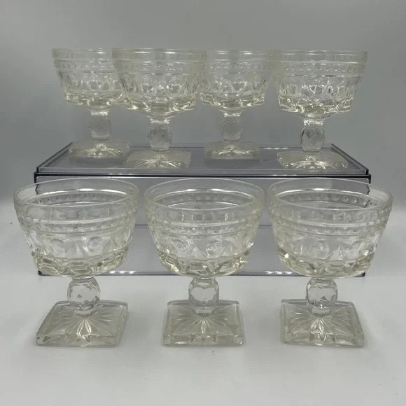 Vtg Indiana Glass Colony Park Lane Clear Footed Dessert Sherbet Cups Set/ 7 MCM