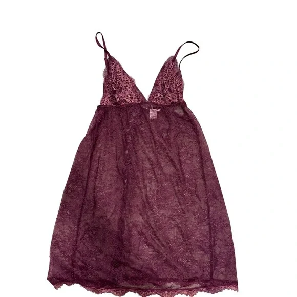Victoria's Secret Lace Babydoll Chemise‎ Small Plum Purple V-Neck Corset Back