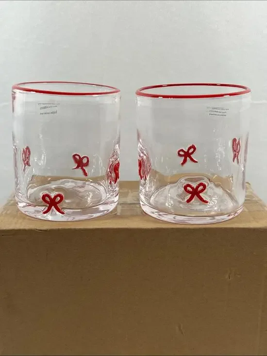 Set of 2 Red Bow Ribbon Juice Glasses Red Rim Icon Christmas Valentines Drinking