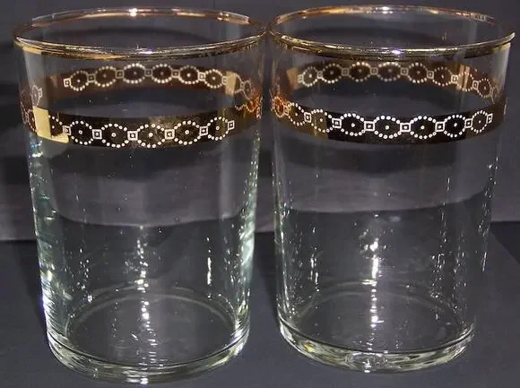 Vintage Libbey Gold Band Flat Tumbler Glasses MCM 6400-4 Golden Cove Set of 2