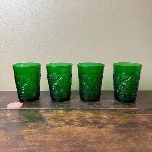 Set of 4 Anchor Hocking VTG‎ 30s Forest Green Oatmeal Sandwich Pattern Glasses