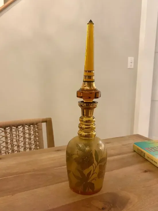 Vintage MOSER Large Decanter Art Nouveau tall stopper 19” Gold Floral 60s
