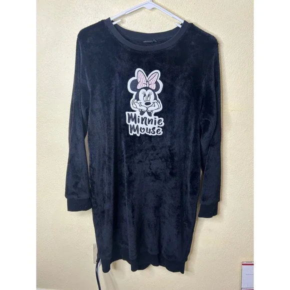 Disney Minnie Mouse Black‎ Fleece Nightgown Plush Longline Sweatshirt Size 40/42