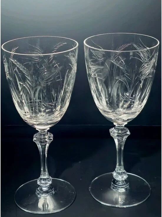 2 Tiffin Franciscan Moss Ross Water Goblets Etched Crystal Wine Glasses rare 60s