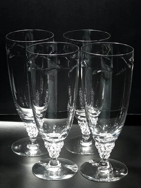 4 Tiffin Franciscan Mimi Ice Tea Glasses cut crystal botanical leaf sculpted