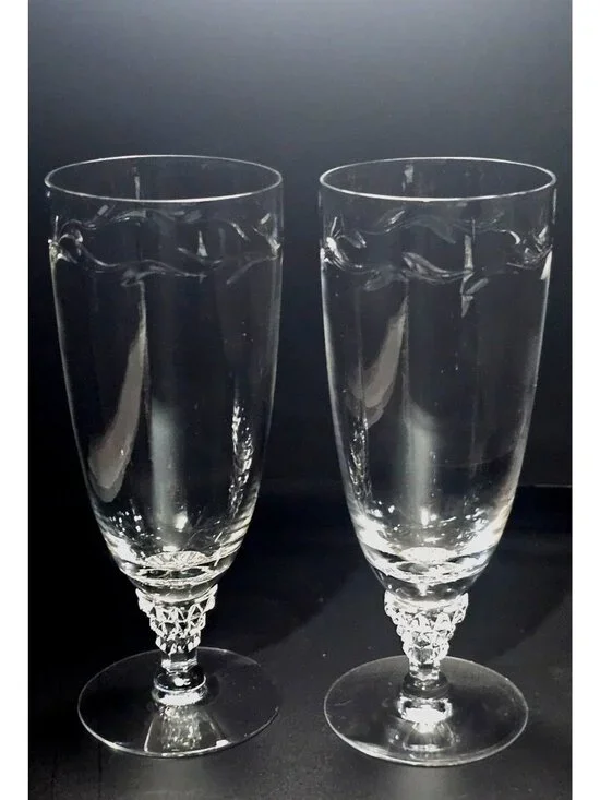 2 Tiffin Franciscan Mimi Ice Tea Glasses cut crystal botanical leaf sculpted