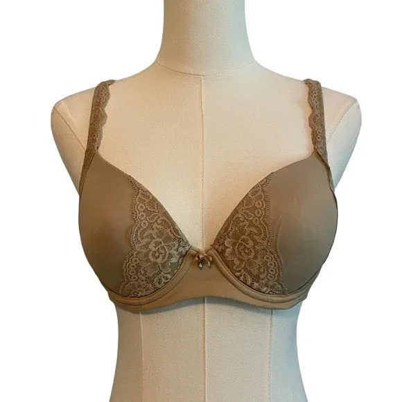 Soma Bra‎ 34B Embraceable Full Coverage Nude Lace Trim Underwire Rhinestone Bow