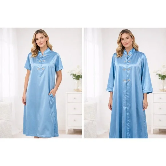 Rare‎ Vintage Women's Shadowline Robe Gown Robin Blue Set Mandarin Sz Small