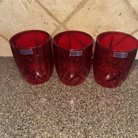Set of 3 Waterford Crystal Marquis Brookside Red Double Old-fashioned Glasses