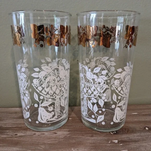 Vintage MCM 2 Hazel Atlas Tumbler Drinking Glasses Gold & White Fruit Basket