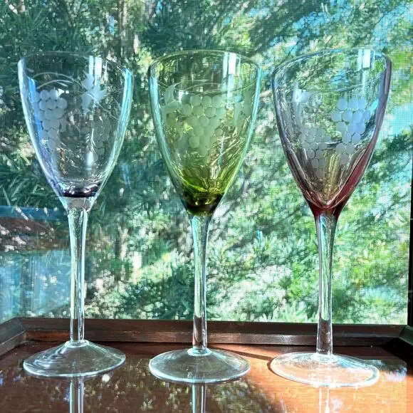 Hand Blown Wine Glasses Green & Purple Etched Grape Set of 3