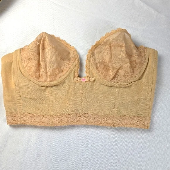VTG Lady Marlene Women's Bra Bustier Tan Lacy Strapless Underwire Boning 38B EUC