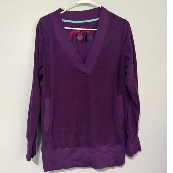 Nick & Nora Women's M Purple Fleece V-Neck Sleepwear Tunic Top with Pockets