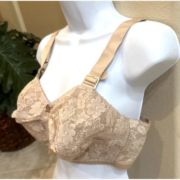 Vtg New‎ 36FF LADY CAMEO Floral Bullet BRA Beige Lace Torpedo Cone Wireless USA