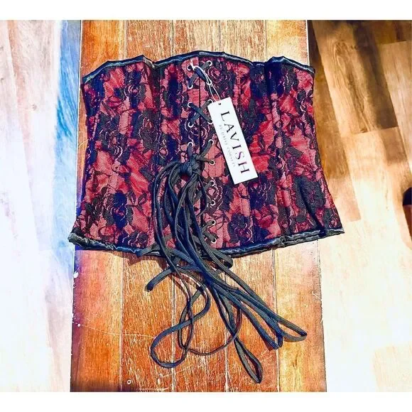 Daisy corsets womens Lavish Red W/Black Lace Overlay Mini Cincher Corset