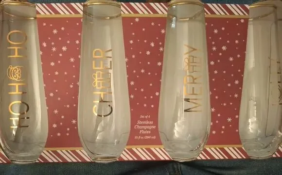 STEMLESS CHAMPAGNE GLASSES SET OF 4 FLUTES 10 Oz. Clear Glass Gold Writing