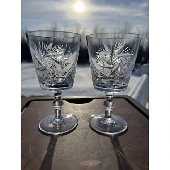 Set 2 Csopak Claret Wine AJKA Glass Crystal Cup Goblet RETIRED Pinwheel EUC