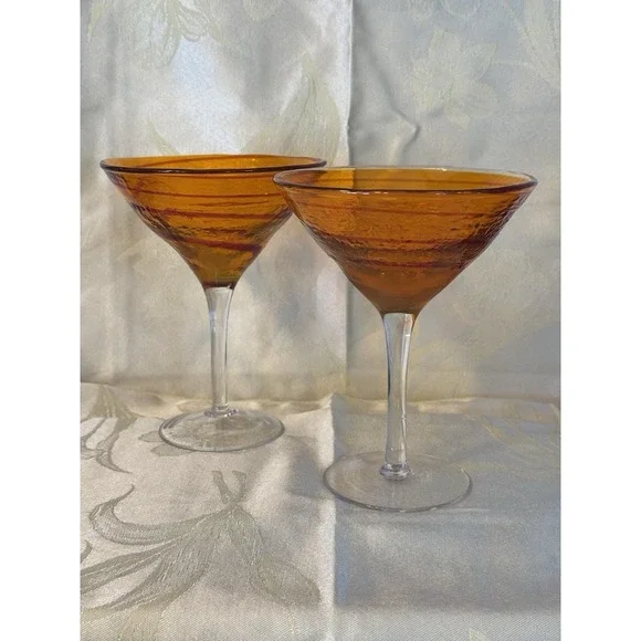 Pier 1 Hand Blown Glasses Set of 2 Orange Red Swirl Margarita Martini Barware