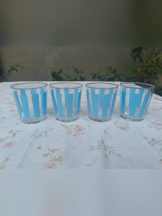 Set of 4 IKEA PILLERSTARR Blue Stripes Glasses Made in France
