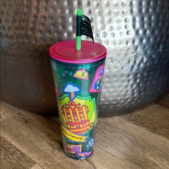 Starbucks Neon Pink Lid Green Straw Multicolor Sticker Tumbler. **NO PINS**