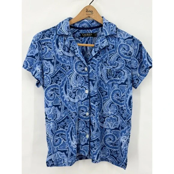 Lauren Ralph‎ Lauren Blue Paisley Pajama Top Short Sleeve Button Down Size M
