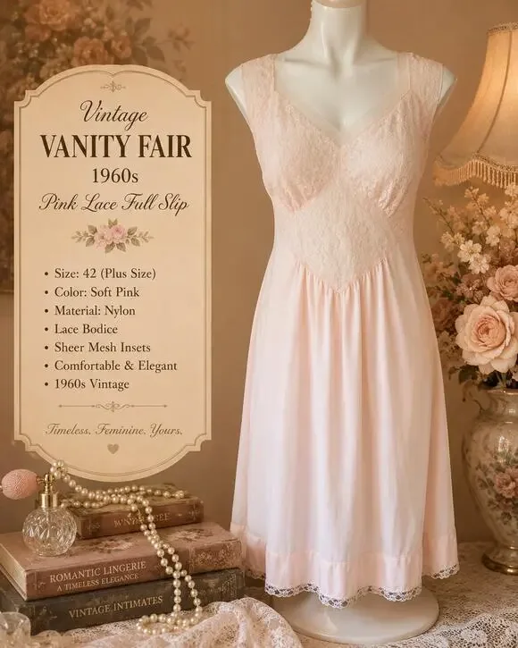 Vintage Vanity Fair Full Slip Plus Size 42 Pink Lace Nylon Nightgown 1960s