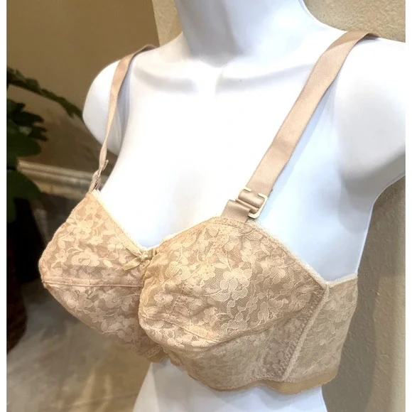 Vtg New 32FF LADY CAMEO Floral Bullet BRA Beige Lace Torpedo Cone Wireless USA‎