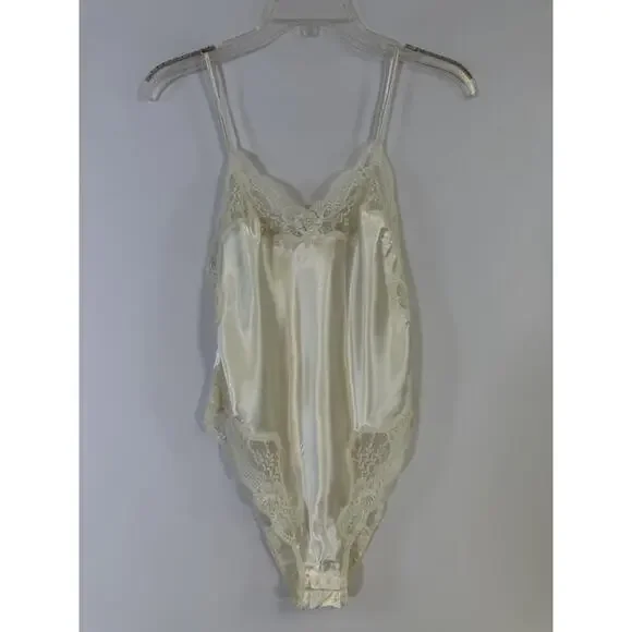 Vtg Victorias Secret Satin Lace‎ Bodysuit Sz Small Ivory Teddy Gold Label 90s