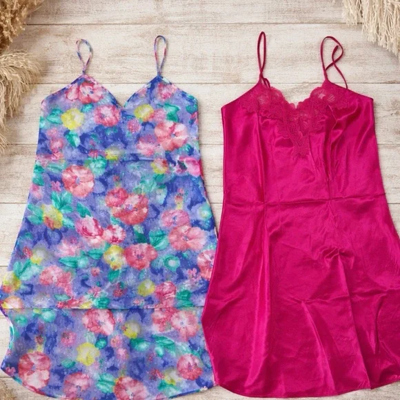 Vintage Satin Slip‎ Nightgown Lot Val Mode Floral Pink Lace Lingerie Y2K