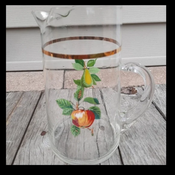 Vtg glass pitcher MCM handpainted apple pear W Virginia Glass Co