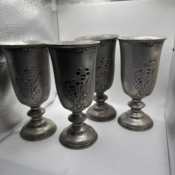 Vintage Wilton Armetale Fleurs Nouveau Goblets Set of 4 Pewter 7