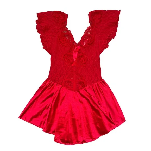 Vintage Red Lace‎ Satin Lingerie Dress Flutter Sleeve Mini sexy Small