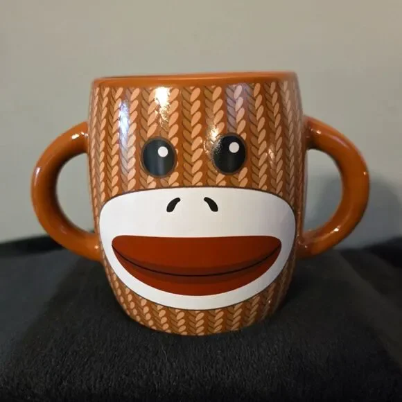Sock Monkey Coffee Mug Galerie Double Sided Double Handle 8 oz Ceramic Tea Cup