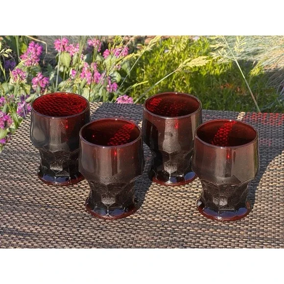 Set of 4 Vintage Anchor Hocking Ruby Red Georgian Honeycomb Tumblers NICE!!