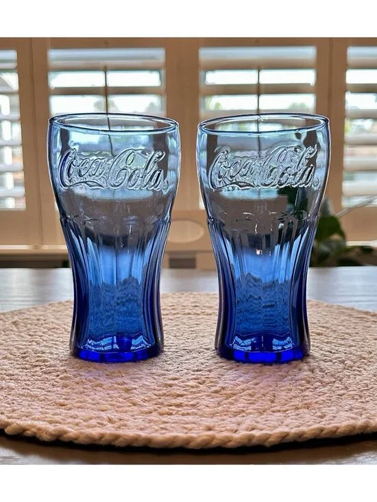 Set of 2 Coca Cola Glasses Cobalt Blue Libbey Coke Tumblers Vintage 16 oz  6 in