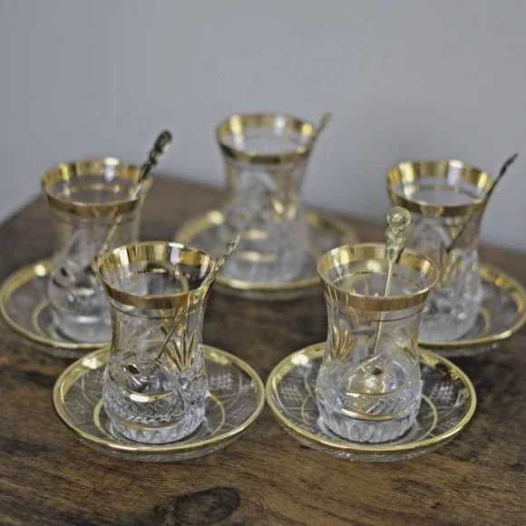 Vintage Turkish Crystal Tea Glass Saucer Spoon Gold Rim Choose Set READ