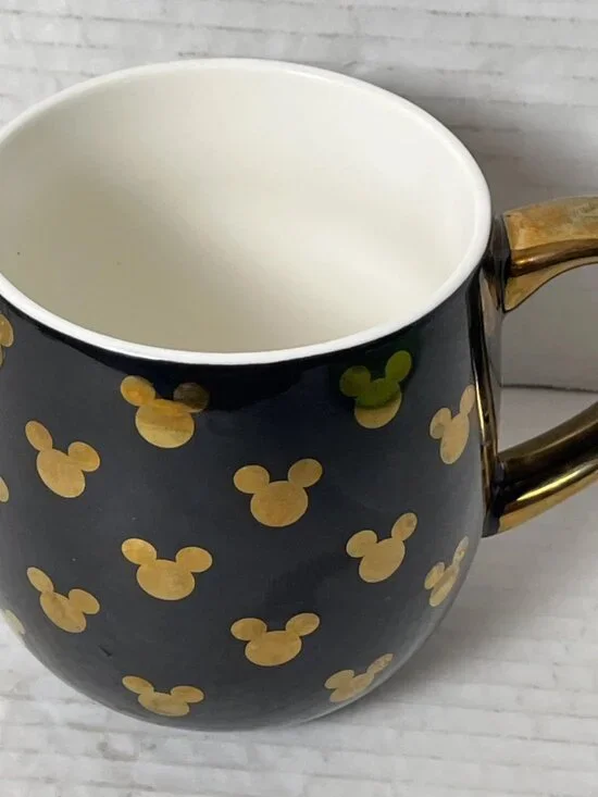Disney MICKEY MOUSE MUG Black Gold Porcelain Coffee Cup Metallic Handle 16oz