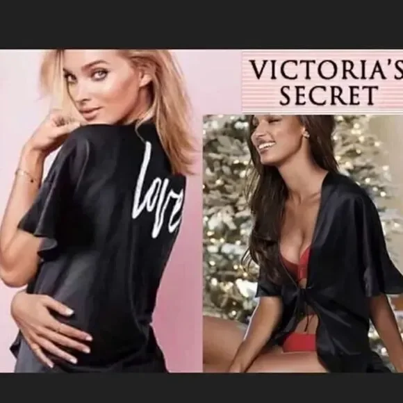 Victorias Secret Black Satin Kimono Open Front Tie Robe Love One Size