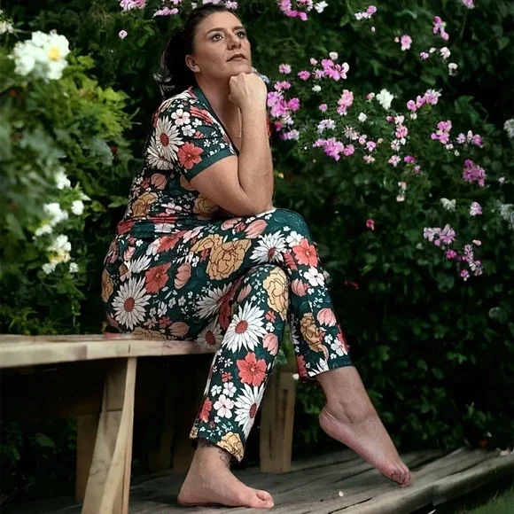 Shirley & Stone hunter green‎ boho floral jogger lounge pajama set