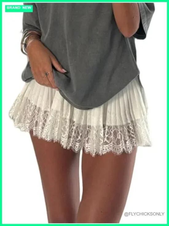 Lace Half Slip Skirt Elastic Low Waist Ruffle Pleated Underskirt Layered Flowy