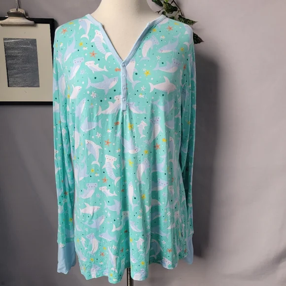 Little Sleepies Sharks Soiree Bamboo‎ Henley Sleep Pajama Top M