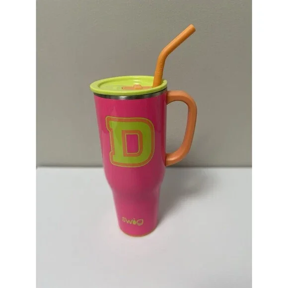 SWIG Life 40 oz Initial D Pink Mug Tumbler with Lid And Straw