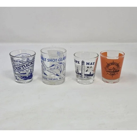 Vintage Souvenir Shot Glass Lot of 4 Nantucket Cape May Nags Head Ferry NC NJ