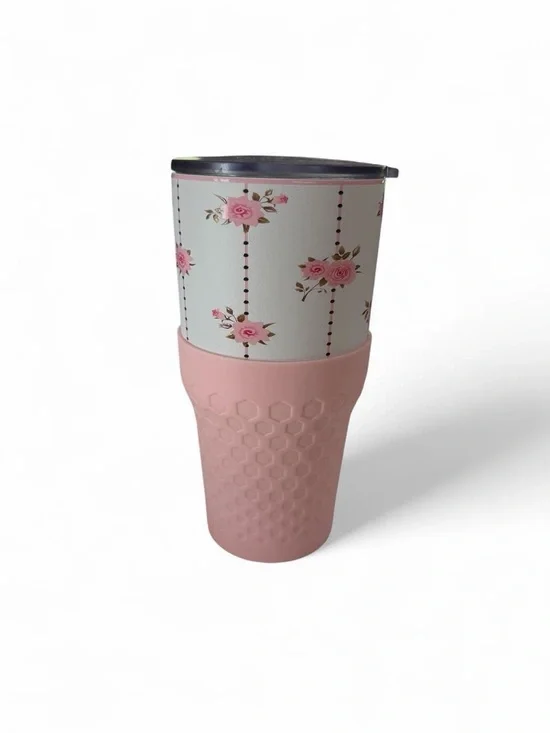 Floral Pink Insulated Tumbler with Silicone Grip