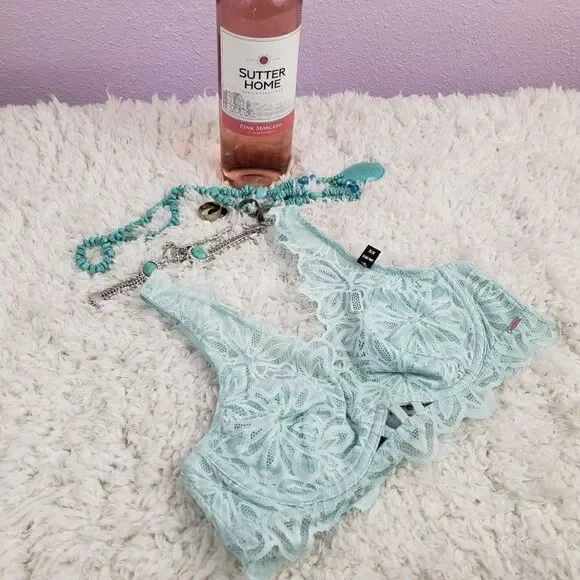 VS The Date Blue Light Lace Mesh Unlined Bralette