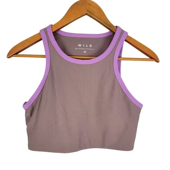 Wilo the Label Racerback Sports Bra Size Medium Ribbed Tan Mauve Purple‎