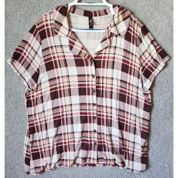 Torrid‎ Sleep Women's Short sleeve Button Up Collared Top Red Plaid Plus Size 1X