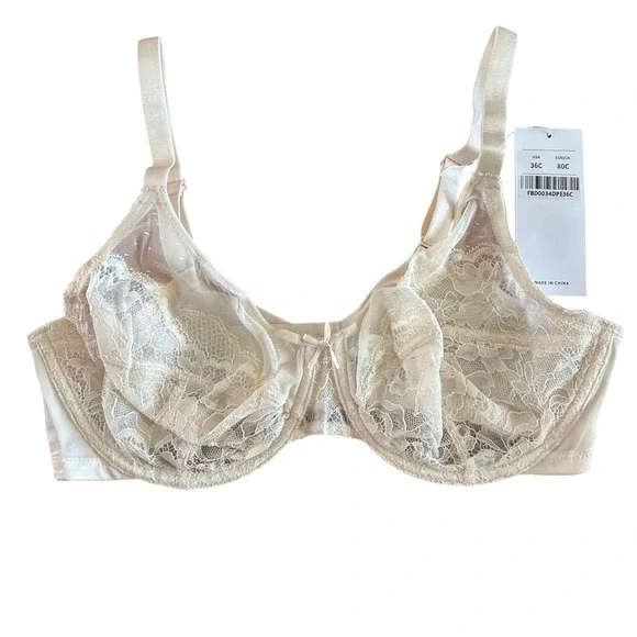 NWT HSIA Lace Underwire Bra 36C‎ Ivory Sheer Floral Unlined Support Bra
