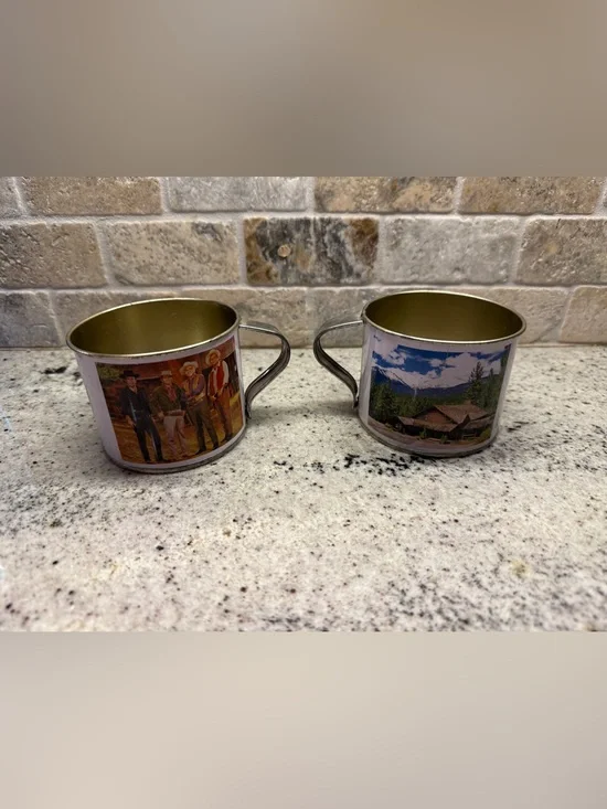 Vintage Set of Bonanza Ponderosa Ranch Tin Mug Cups With Cartwrights Western